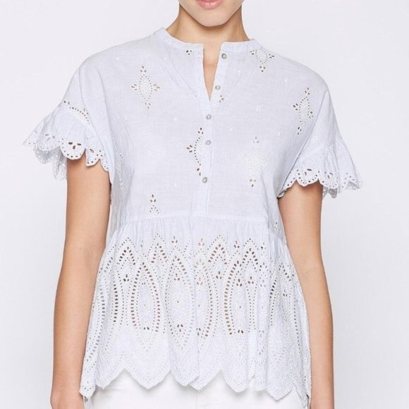 Joie Cerelia Striped Broderie Anglaise Trimmed Cotton Top Peplum Blue - Picture 1 of 9